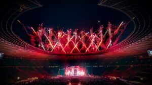 Das Olympiastadion Berlin mit einem imposanten Feuerwerk beim Lollapalooza Berlin 2022