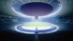 Flutlicht des Stadions ist an ohne Besucher, Blick von ostkurve