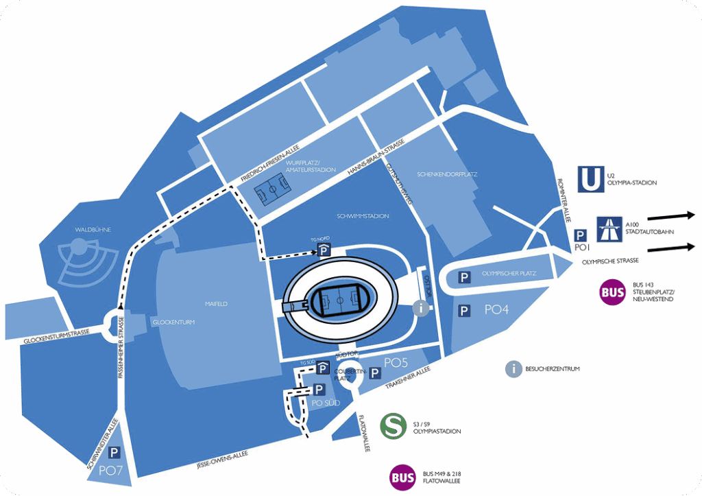 Blau-weiße Anfahrts- und Lagekarte des Olympiastadions Berlin und des umliegenden Olympiaparks. Die Grafik zeigt Straßen, Parkplätze (PO1, PO4, PO5, PO7) und die umliegenden ÖPNV-Haltestellen für S-Bahn (S3/S9), U-Bahn (U2) und Bus sowie die Zufahrt über die Stadtautobahn A100.