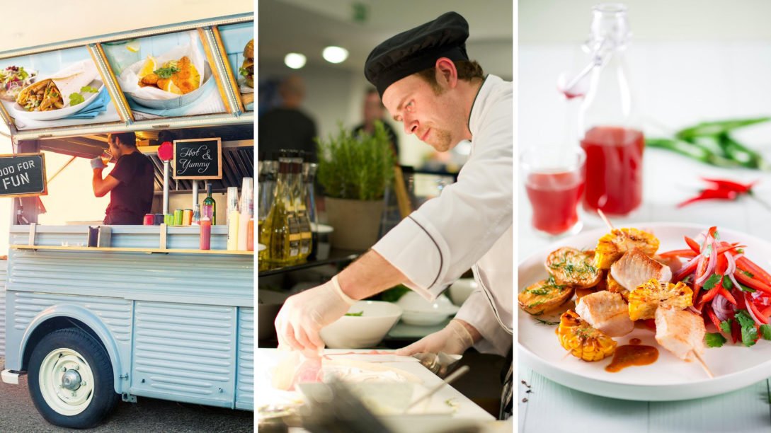 Dreiteilige Collage zum Thema Stadion-Catering: Ein hellblauer Foodtruck, ein Koch bei der Zubereitung von Speisen sowie ein fertig angerichteter Teller mit Grillspießen.
