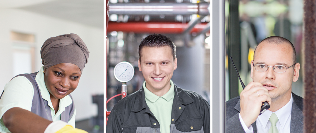 Dreiteilige Collage mit Porträts von drei WISAG-Mitarbeitenden bei der Arbeit: Eine Reinigungskraft, ein Haustechniker vor Rohrleitungen und ein Sicherheits- oder Servicemitarbeiter mit Funkgerät.